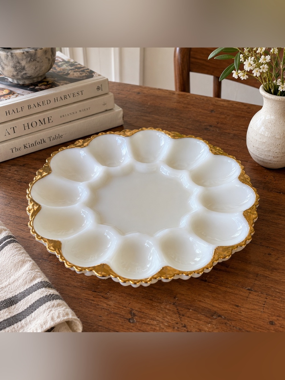 Vintage Milk Glass Deviled Egg Platter Gold Trim 12 Egg Serving Dish